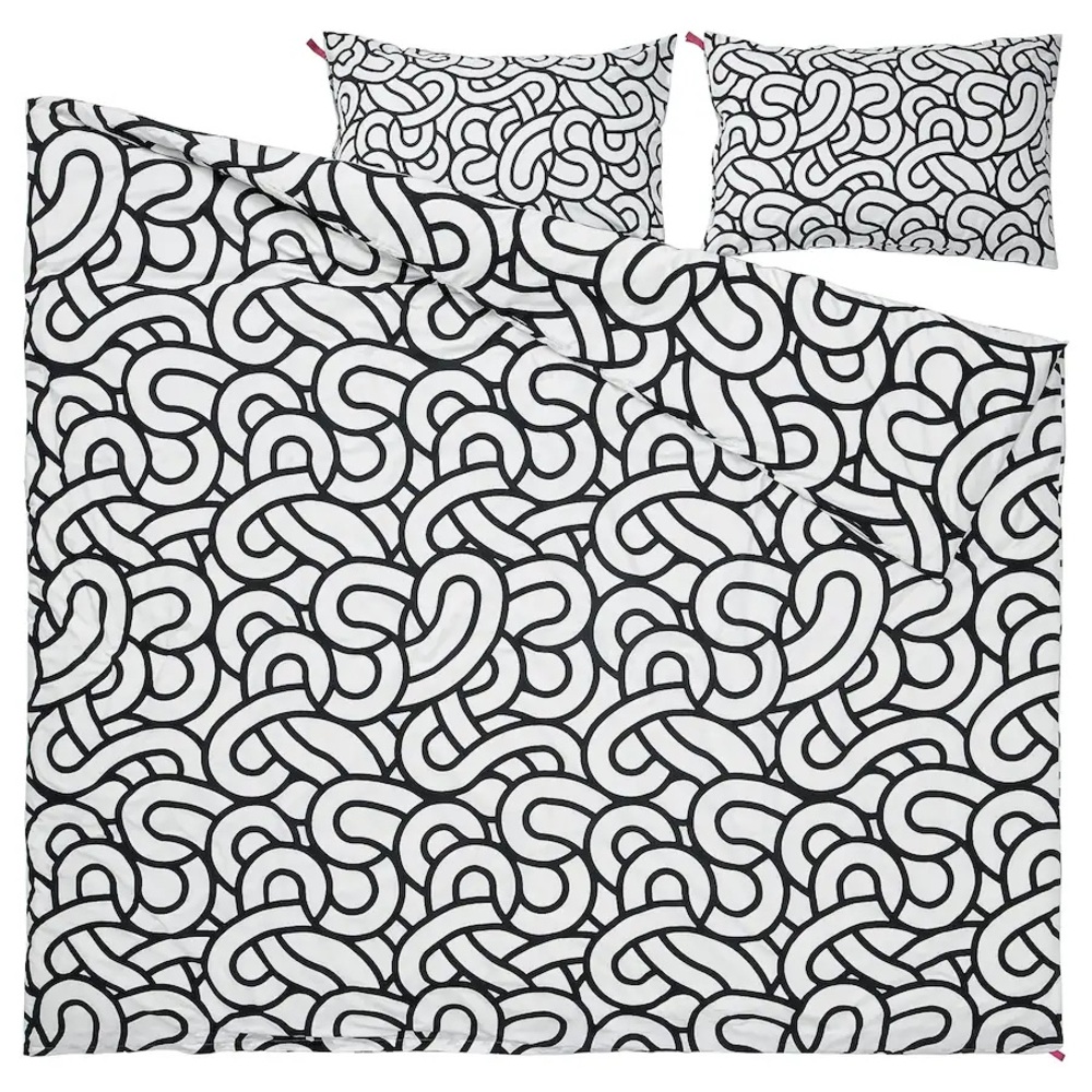 IKEA SÖTRÖNN Duvet cover and pillowcase(s), white/black/patterned, Full/Queen
